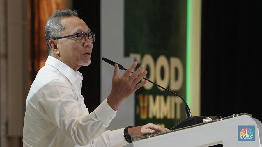 Menteri Koordinator Bidang Pangan RI, Zulkifli Hasan menyampaikan paparan dalam acara Food Summit 2025 di Jakarta, Rabu (19/3/2025). (CNBC Indonesia/Muhammad Sabki)