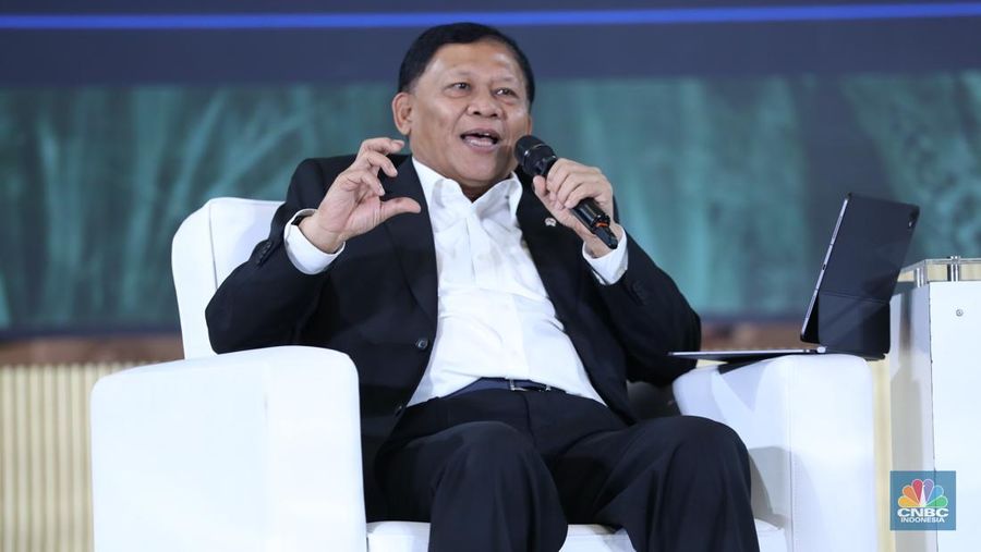 Wakil Menteri Kelautan dan Perikanan, Didit Herdiawan Ashaf menyampaikan paparan dalam acara Food Summit 2025 di Jakarta, Rabu (19/3/2025). (CNBC Indonesia/Tri Susilo)