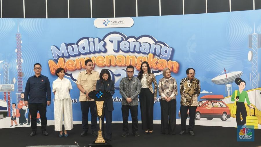 Menteri Komdigi Meutya Hafid, dalam konferensi pers di kantor Kemkomdigi, Kamis (20/3/2025). (CNBC Indonesia/Novina)