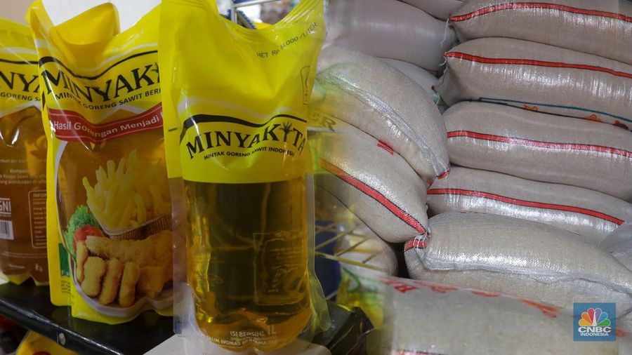 Foto kolase MinyaKita dan Beras Kemasan. (CNBC Indonesia)