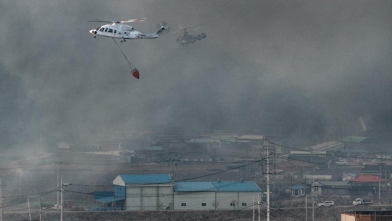 Petugas pemadam kebakaran memadamkan api di bangunan pabrik yang dilalap api hutan di Uiseong, Korea Selatan, Sabtu, 22 Maret 2025. (Yoon Gwan-shick/Yonhap via AP)