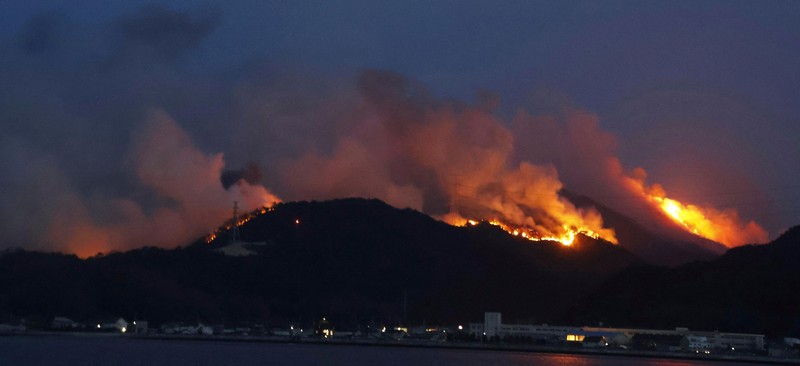 Smoke rises from a forest in Okayama, western Japan Sunday, March 23, 2025. (Kyodo News via AP)