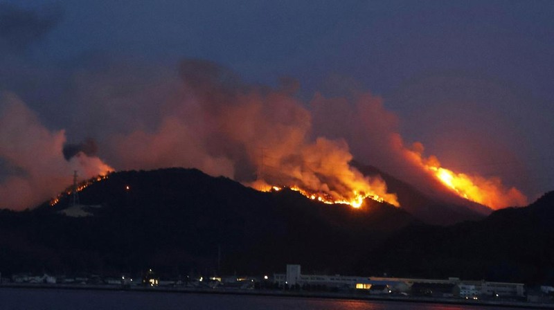 Smoke rises from a forest in Okayama, western Japan Sunday, March 23, 2025. (Kyodo News via AP)