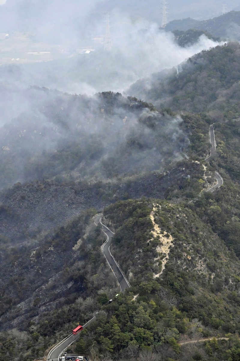 Smoke rises from a forest in Okayama, western Japan Sunday, March 23, 2025. (Kyodo News via AP)