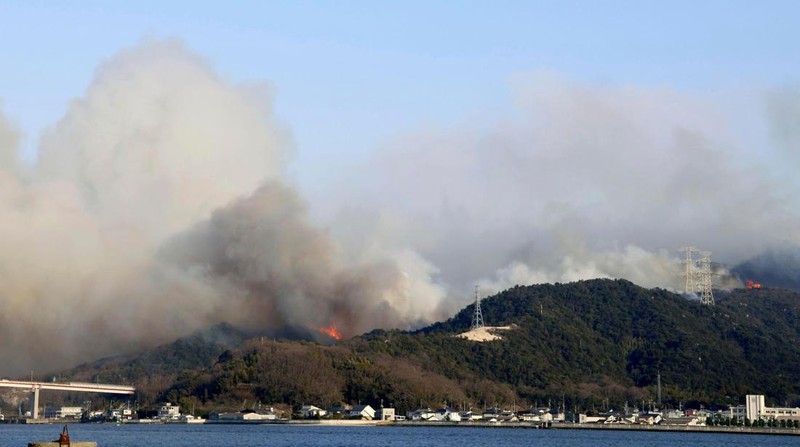 Smoke rises from a forest in Okayama, western Japan Sunday, March 23, 2025. (Kyodo News via AP)