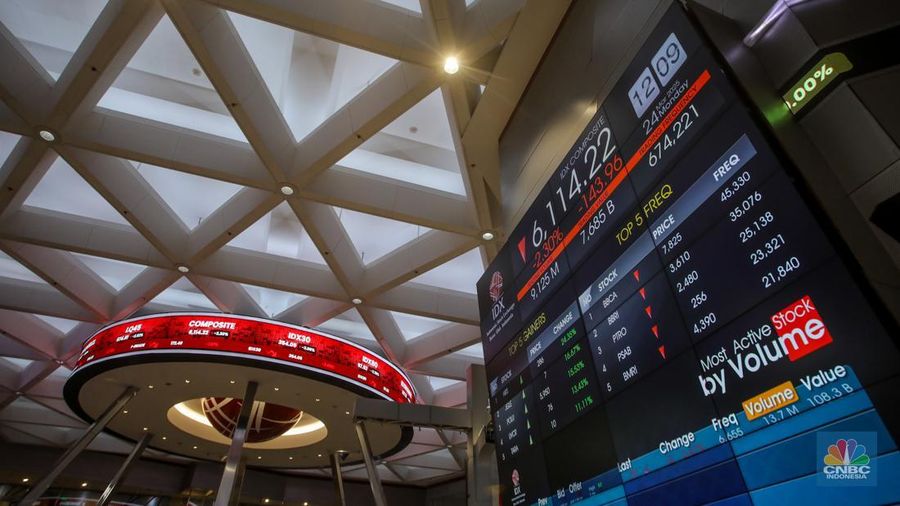 Layar menampilkan pergerakan Indeks Harga Saham Gabungan (IHSG) di Gedung Bursa Efek Indonesia (BEI), Jakarta, Senin (24/3/2025). (CNBC Indonesia/Faisal Rahman)