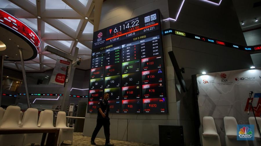 Layar menampilkan pergerakan Indeks Harga Saham Gabungan (IHSG) di Gedung Bursa Efek Indonesia (BEI), Jakarta, Senin (24/3/2025). (²©²ÊÍøÕ¾/Faisal Rahman)