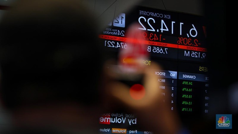 Layar menampilkan pergerakan Indeks Harga Saham Gabungan (IHSG) di Gedung Bursa Efek Indonesia (BEI), Jakarta, Senin (24/3/2025). (CNBC Indonesia/Faisal Rahman)