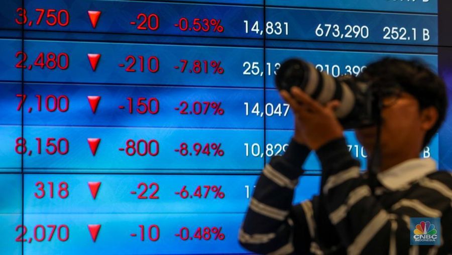 Layar menampilkan pergerakan Indeks Harga Saham Gabungan (IHSG) di Gedung Bursa Efek Indonesia (BEI), Jakarta, Senin (24/3/2025). (CNBC Indonesia/Faisal Rahman)