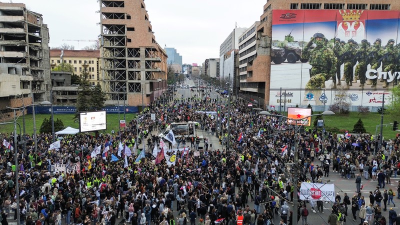 Students protest against a government lease of a site to Jared Kushner, the son in-law of U.S. President Donald Trump, for a hotel project at the former Yugoslav People's Army headquarters, which was destroyed in the 1999 NATO bombing, in Belgrade, Serbia, March 24, 2025. REUTERS/Djordje Kojadinovic
