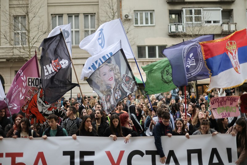 Students protest against a government lease of a site to Jared Kushner, the son in-law of U.S. President Donald Trump, for a hotel project at the former Yugoslav People's Army headquarters, which was destroyed in the 1999 NATO bombing, in Belgrade, Serbia, March 24, 2025. REUTERS/Djordje Kojadinovic