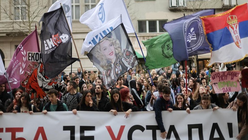 Students protest against a government lease of a site to Jared Kushner, the son in-law of U.S. President Donald Trump, for a hotel project at the former Yugoslav People's Army headquarters, which was destroyed in the 1999 NATO bombing, in Belgrade, Serbia, March 24, 2025. REUTERS/Djordje Kojadinovic