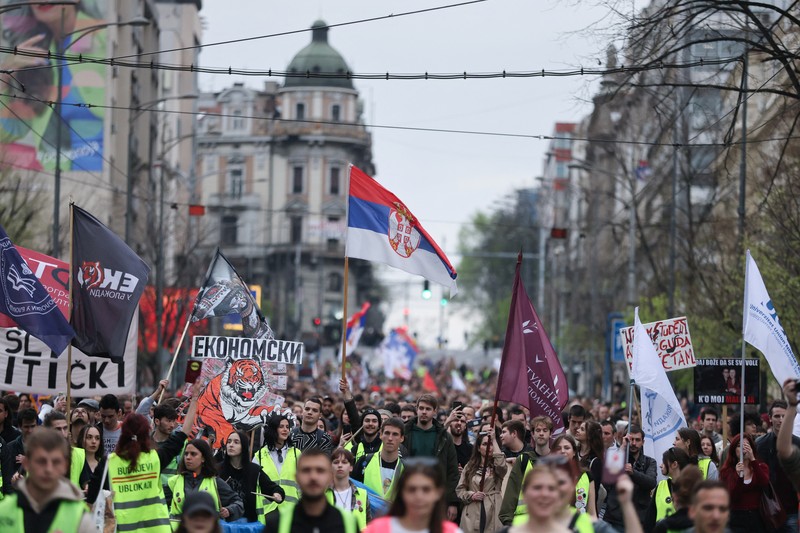 Students protest against a government lease of a site to Jared Kushner, the son in-law of U.S. President Donald Trump, for a hotel project at the former Yugoslav People's Army headquarters, which was destroyed in the 1999 NATO bombing, in Belgrade, Serbia, March 24, 2025. REUTERS/Djordje Kojadinovic