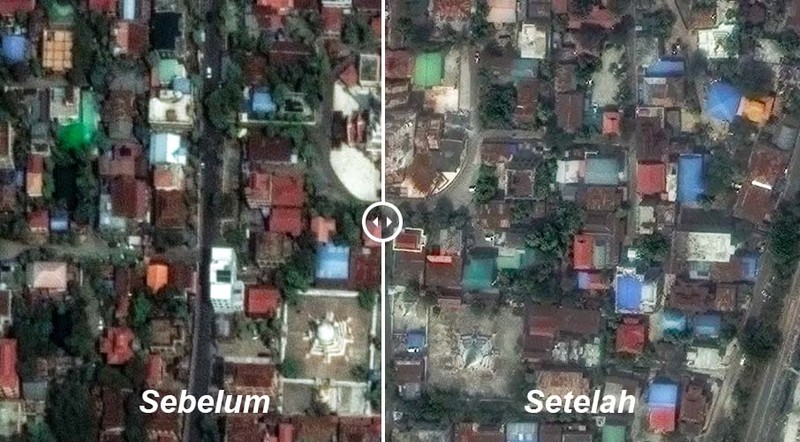 Gambar satelit menunjukkan luasnya kerusakan di Myanmar setelah gempa berkekuatan 7,7 SR mengguncang pada Jumat (28/3). Gambar satelit menunjukkan luasnya kerusakan di Myanmar setelah gempa berkekuatan 7,7 SR mengguncang pada Jumat (28/3). (Tangkapan Layar CNN Internasional via Maxar Technologies_