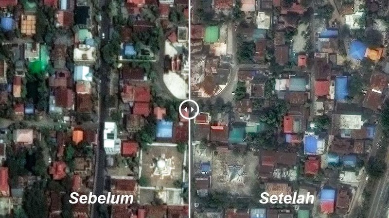 Gambar satelit menunjukkan luasnya kerusakan di Myanmar setelah gempa berkekuatan 7,7 SR mengguncang pada Jumat (28/3). (Tangkapan Layar CNN Internasional via Maxar Technologies_