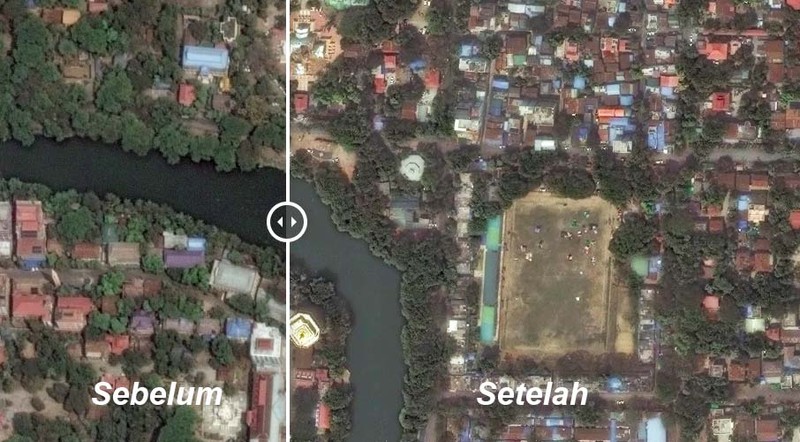 Gambar satelit menunjukkan luasnya kerusakan di Myanmar setelah gempa berkekuatan 7,7 SR mengguncang pada Jumat (28/3). Gambar satelit menunjukkan luasnya kerusakan di Myanmar setelah gempa berkekuatan 7,7 SR mengguncang pada Jumat (28/3). (Tangkapan Layar CNN Internasional via Maxar Technologies_