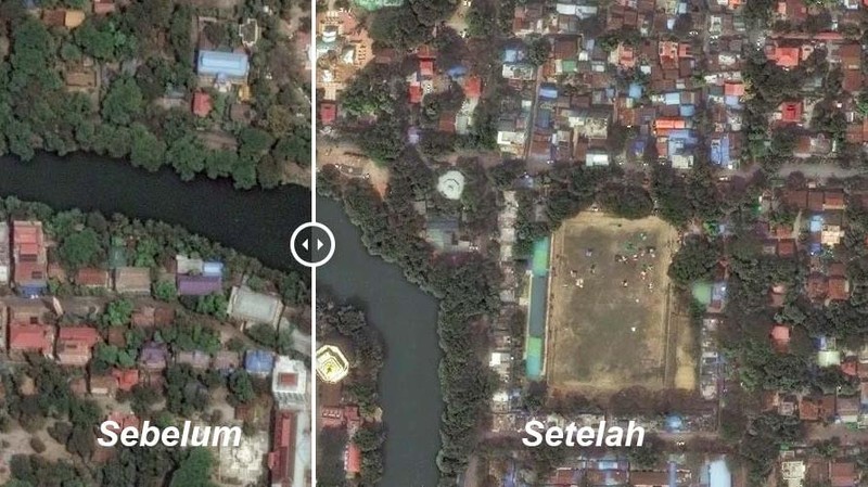 Gambar satelit menunjukkan luasnya kerusakan di Myanmar setelah gempa berkekuatan 7,7 SR mengguncang pada Jumat (28/3). (Tangkapan Layar CNN Internasional via Maxar Technologies_