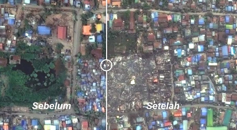 Gambar satelit menunjukkan luasnya kerusakan di Myanmar setelah gempa berkekuatan 7,7 SR mengguncang pada Jumat (28/3). Gambar satelit menunjukkan luasnya kerusakan di Myanmar setelah gempa berkekuatan 7,7 SR mengguncang pada Jumat (28/3). (Tangkapan Layar CNN Internasional via Maxar Technologies_