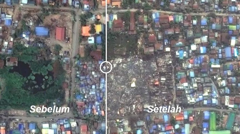 Gambar satelit menunjukkan luasnya kerusakan di Myanmar setelah gempa berkekuatan 7,7 SR mengguncang pada Jumat (28/3). (Tangkapan Layar CNN Internasional via Maxar Technologies_