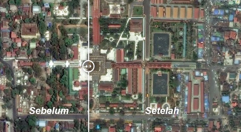 Gambar satelit menunjukkan luasnya kerusakan di Myanmar setelah gempa berkekuatan 7,7 SR mengguncang pada Jumat (28/3). Gambar satelit menunjukkan luasnya kerusakan di Myanmar setelah gempa berkekuatan 7,7 SR mengguncang pada Jumat (28/3). (Tangkapan Layar CNN Internasional via Maxar Technologies_