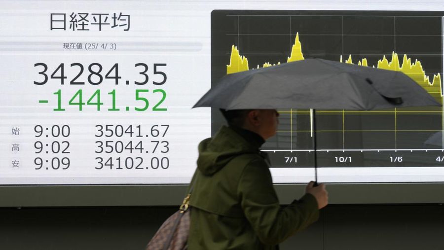 papan saham elektronik yang menunjukkan kerugian awal indeks Nikkei 225 Jepang di sebuah perusahaan sekuritas, Kamis, 3/4/2025 di Tokyo..(AP Photo/Shuji Kajiyama)
