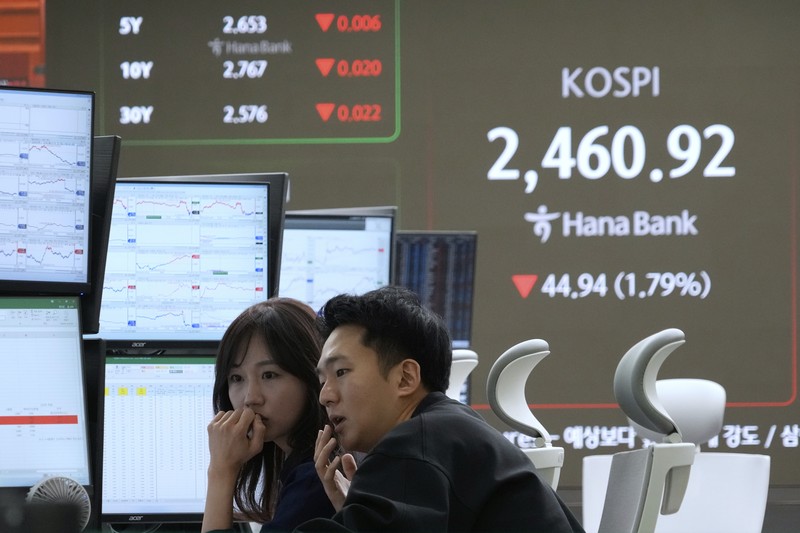 Japan Financial Markets papan saham elektronik yang menunjukkan kerugian awal indeks Nikkei 225 Jepang di sebuah perusahaan sekuritas, Kamis, 3/4/2025 di Tokyo..(AP Photo/Shuji Kajiyama)