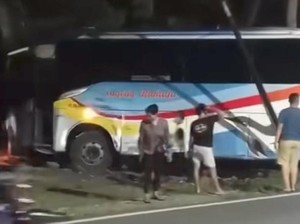 Bus Sugeng Rahayu Nyungsep di Hutan Mantingan Ngawi Usai Tabrak Motor