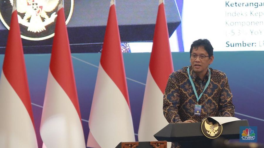 Ketua Dewan Komisioner Lembaga Penjamin Simpanan (LPS), Purbaya Yudhi Sadewa memberikan pidato di acara Sarasehan Ekonomi bersama Presiden RI dengan tema 