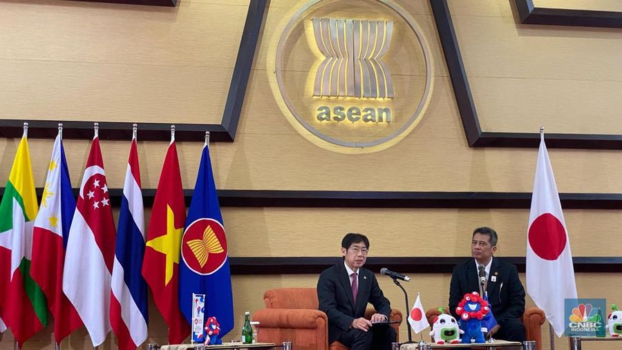 Konferensi pers partisipasi ASEAN di World Expo Osaka 2025, Kantor Sekretariat Asean, Jakarta, Rabu (9/4/2025). (CNBC Indonesia/Zahwa Madjid)