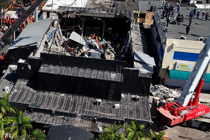 Pemandangan drone menunjukkan lokasi klub malam Jet Set yang runtuh di Santo Domingo, Republik Dominika, 8 April 2025. Pemandangan drone menunjukkan lokasi klub malam Jet Set yang runtuh di Santo Domingo, Republik Dominika, 8 April 2025. (REUTERS/Erika Santelices)