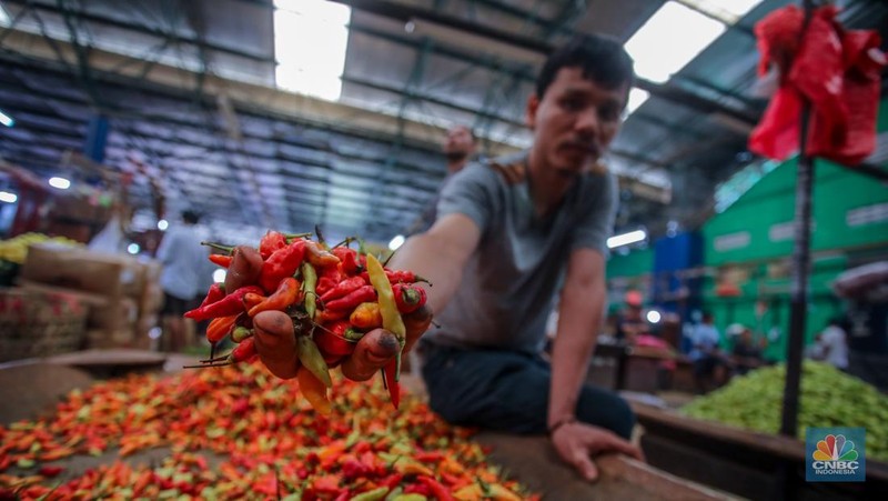Penjualan cabai rawit di Pasar Induk Kramat Jati, Jakarta, Rabu (9/4/2025). (CNBC Indonesia/Faisal Rahman)