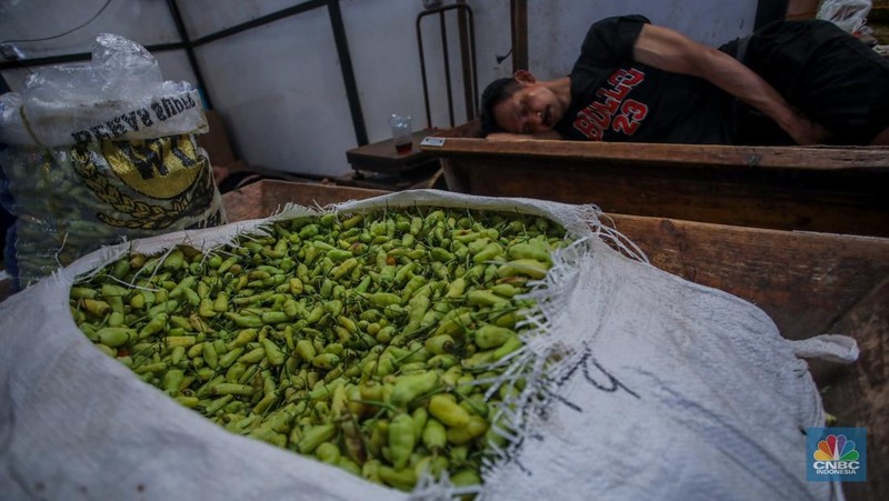 Penjualan cabai rawit di Pasar Induk Kramat Jati, Jakarta, Rabu (9/4/2025). (CNBC Indonesia/Faisal Rahman)
