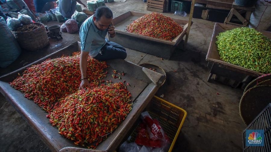 Penjualan cabai rawit di Pasar Induk Kramat Jati, Jakarta, Rabu (9/4/2025).