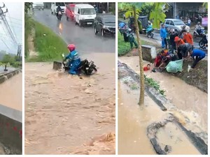 Pengendara Motor Nyaris Hanyut gegara Banjir di Bandar Lampung