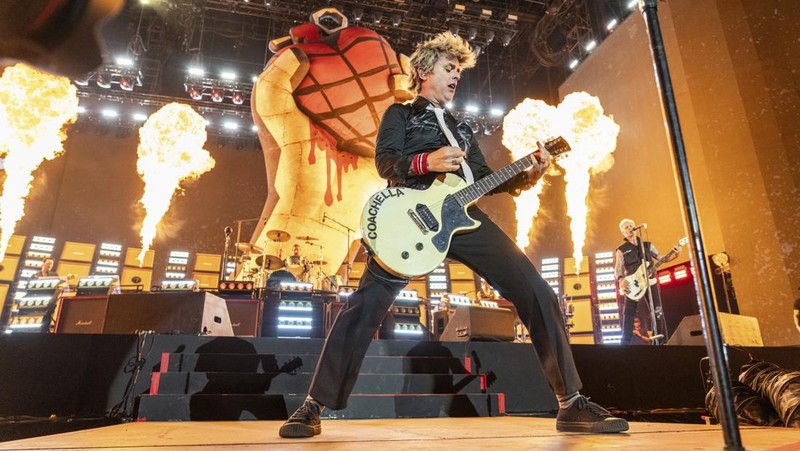 Billie Joe Armstrong of Green Day performs during the first weekend of the Coachella Valley Music and Arts Festival at the Empire Polo Club on Saturday, April 12, 2025, in Indio, Calif. (Photo by Amy Harris/Invision/AP)