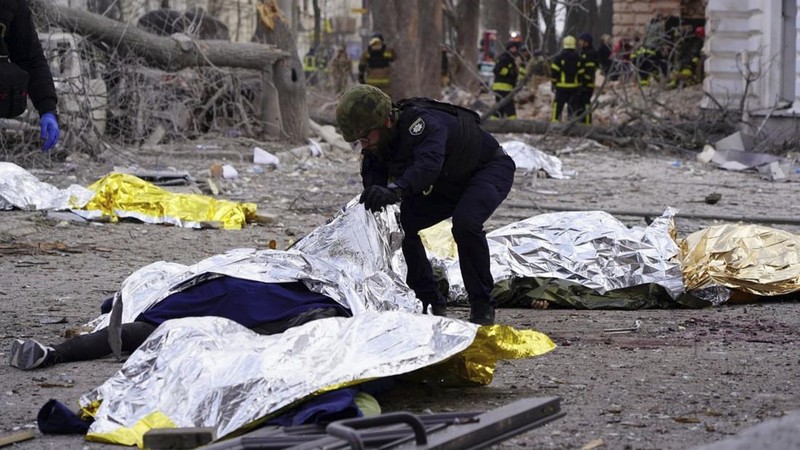 The city center in the aftermath of the Russia's missile attack that killed at least 21 civilians in Sumy, Ukraine, Sunday, April 13, 2025. (AP Photo)
