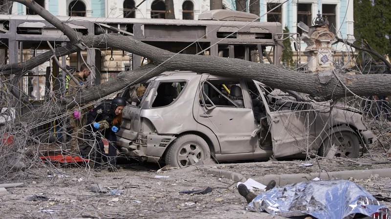 The city center in the aftermath of the Russia's missile attack that killed at least 21 civilians in Sumy, Ukraine, Sunday, April 13, 2025. (AP Photo)