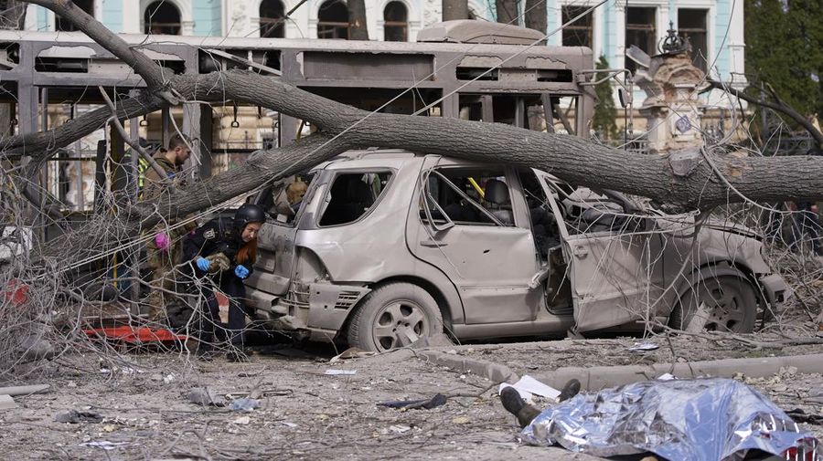 The city center in the aftermath of the Russia's missile attack that killed at least 21 civilians in Sumy, Ukraine, Sunday, April 13, 2025. (AP Photo)