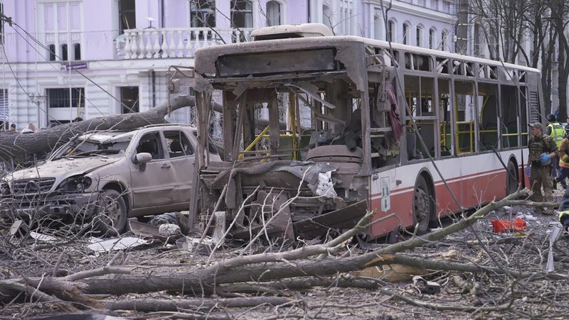 The city center in the aftermath of the Russia's missile attack that killed at least 21 civilians in Sumy, Ukraine, Sunday, April 13, 2025. (AP Photo)