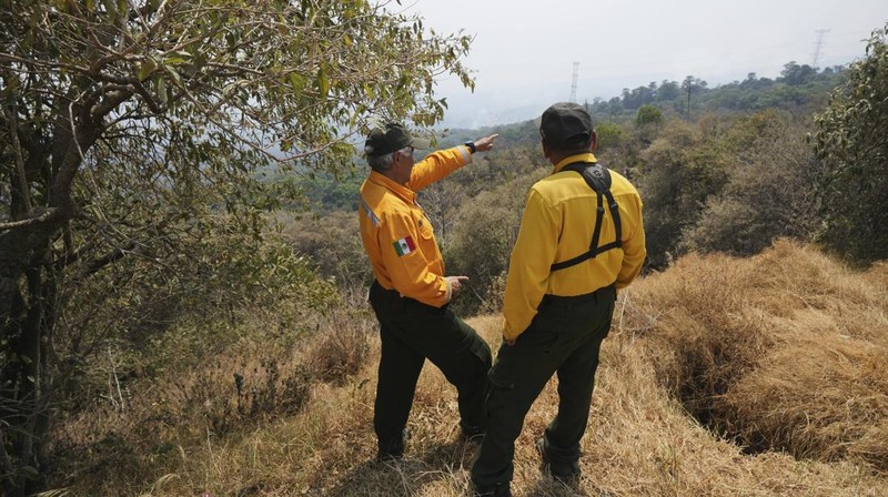 Asap mengepul dari kebakaran hutan di luar Amatlan, Meksiko, Selasa (15/4/2025). (AP Photo/Fernando Llano)