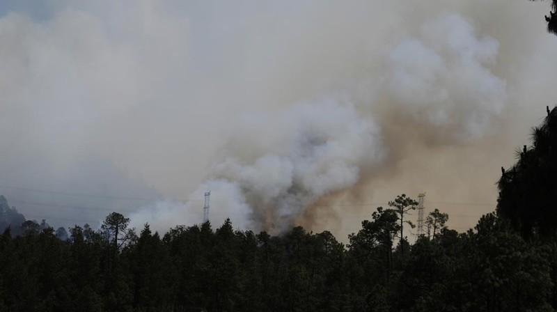 Asap mengepul dari kebakaran hutan di luar Amatlan, Meksiko, Selasa (15/4/2025). (AP Photo/Fernando Llano)