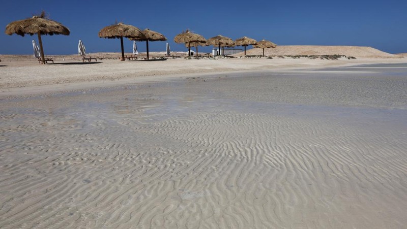 Pemandangan tanda yang dikelilingi penghalang yang terbuat dari tongkat kayu di depan pantai Ras Hankorab di Taman Nasional Wadi el-Gemal, rumah bagi salah satu ekosistem laut terakhir yang masih alami di negara ini dengan air sebening kristal dan pasir putih, di pantai Laut Merah Mesir selatan di Marsa Alam, Mesir 23 Maret 2025. (REUTERS/Stringer)