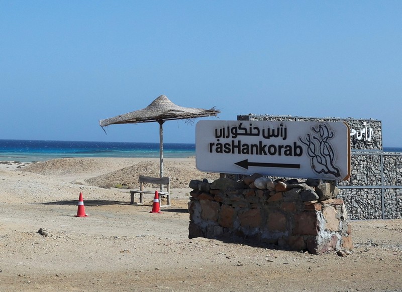 Pemandangan tanda yang dikelilingi penghalang yang terbuat dari tongkat kayu di depan pantai Ras Hankorab di Taman Nasional Wadi el-Gemal, rumah bagi salah satu ekosistem laut terakhir yang masih alami di negara ini dengan air sebening kristal dan pasir putih, di pantai Laut Merah Mesir selatan di Marsa Alam, Mesir 23 Maret 2025. (REUTERS/Stringer)