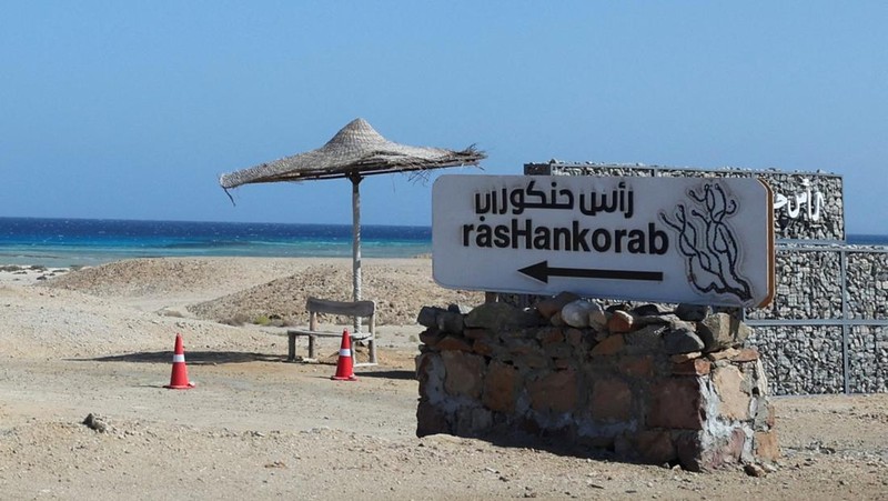 Pemandangan tanda yang dikelilingi penghalang yang terbuat dari tongkat kayu di depan pantai Ras Hankorab di Taman Nasional Wadi el-Gemal, rumah bagi salah satu ekosistem laut terakhir yang masih alami di negara ini dengan air sebening kristal dan pasir putih, di pantai Laut Merah Mesir selatan di Marsa Alam, Mesir 23 Maret 2025. (REUTERS/Stringer)