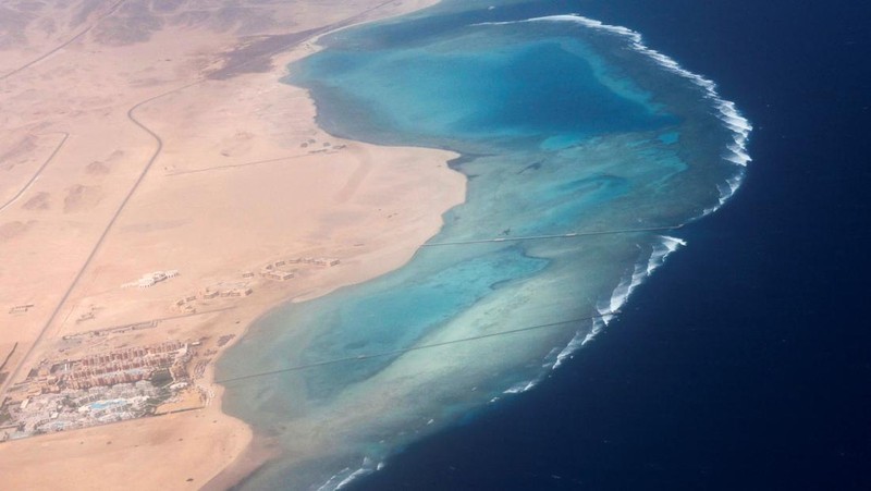 Pemandangan tanda yang dikelilingi penghalang yang terbuat dari tongkat kayu di depan pantai Ras Hankorab di Taman Nasional Wadi el-Gemal, rumah bagi salah satu ekosistem laut terakhir yang masih alami di negara ini dengan air sebening kristal dan pasir putih, di pantai Laut Merah Mesir selatan di Marsa Alam, Mesir 23 Maret 2025. (REUTERS/Stringer)