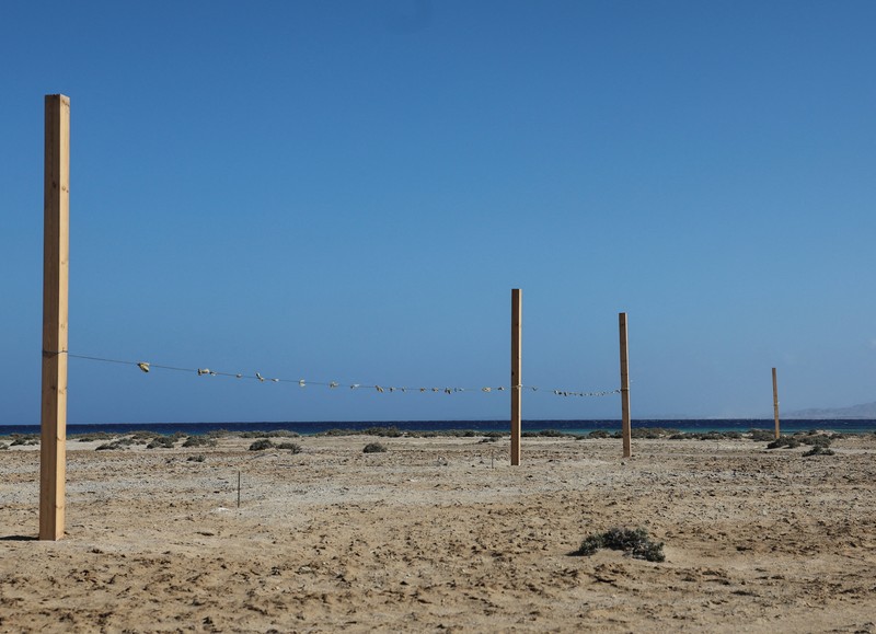 Pemandangan tanda yang dikelilingi penghalang yang terbuat dari tongkat kayu di depan pantai Ras Hankorab di Taman Nasional Wadi el-Gemal, rumah bagi salah satu ekosistem laut terakhir yang masih alami di negara ini dengan air sebening kristal dan pasir putih, di pantai Laut Merah Mesir selatan di Marsa Alam, Mesir 23 Maret 2025. (REUTERS/Stringer)