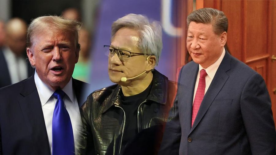 Foto kolase Donald Trump, Jensen Huang, dan Xi Jinping. (CNBC Indonesia)