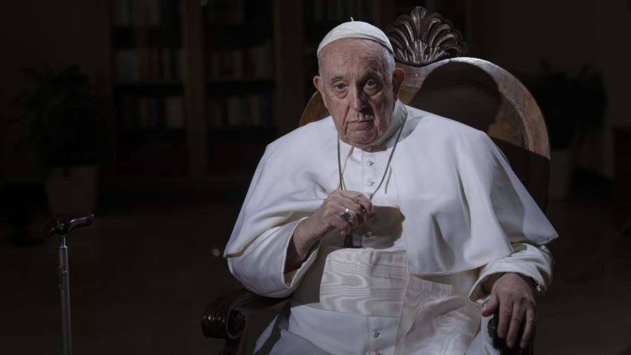 FILE - Pope Francis pauses during an interview with The Associated Press at The Vatican, Tuesday, Jan. 24, 2023. (AP Photo/Domenico Stinellis, File)