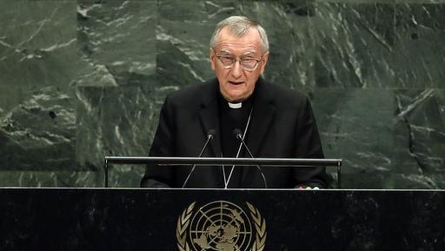 FILE - Cardinal Pietro Parolin, Secretary of State of the Holy See, addresses the 74th session of the United Nations General Assembly, Saturday, Sept. 28, 2019. Parolin has been Francis’ secretary of state since 2014. (AP Photo/Richard Drew, File)