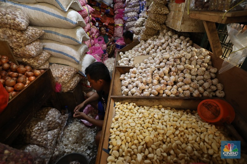 Bawang putih impor dari China di Pasar Kramat Jati, Jakarta, Rabu (23/4/2025). (CNBC Indonesia/Tri Susilo)